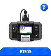 BT300P automotive battery tester device with digital display, control buttons, and red/black testing clamps on blue background.