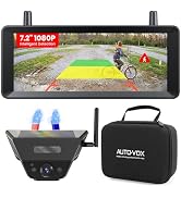 Wireless backup camera system with large display screen showing road view and separate small camera unit. Screen displays parking guidelines and Wi-Fi icon.