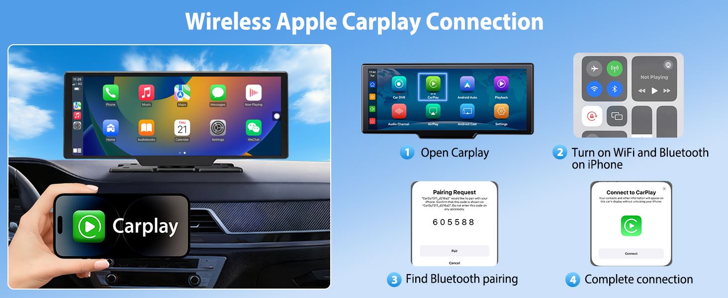 Text reads 'Wireless Apple Carplay Connection'. Series of mobile interface screenshots showing CarPlay connectivity screens and navigation options.