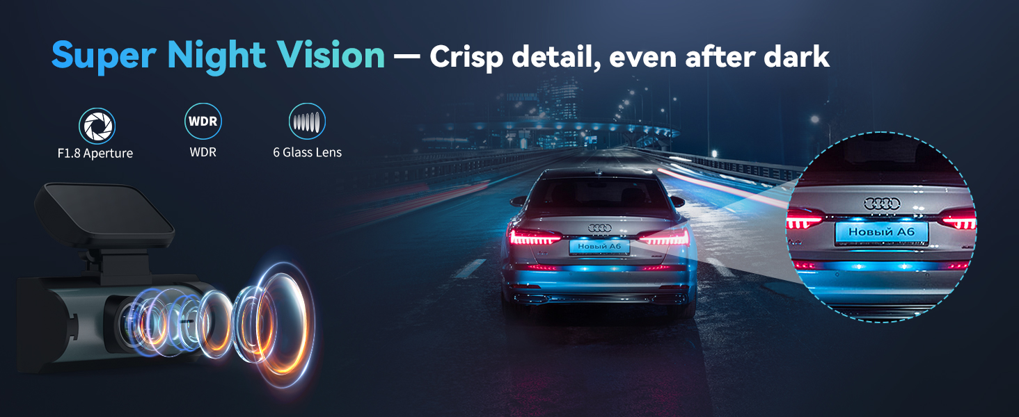 Text reads 'Super Night Vision'. Automotive lighting demonstration showing enhanced nighttime visibility features, with blue-tinted lighting effects.