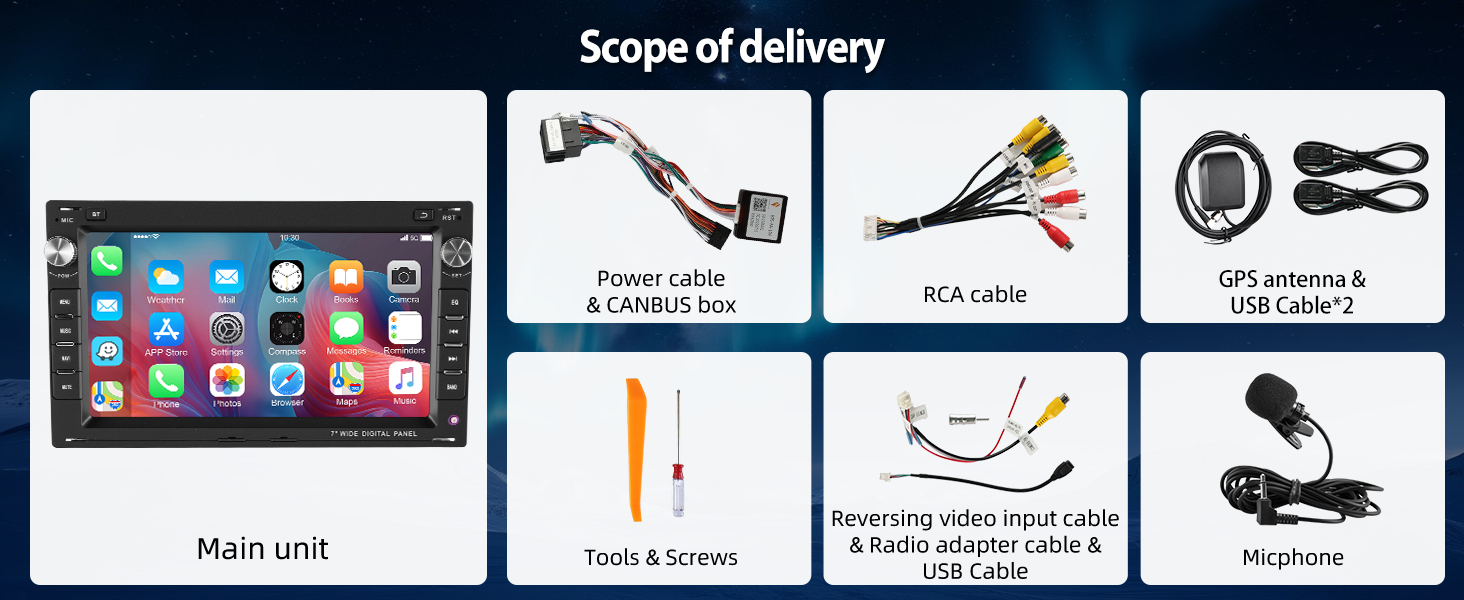 Text reads: 'Scope of delivery', 'Multi unit', 'Holder & remote', 'Charging cable & extension cord', 'GPS adapter & extension cord'. Grid showing multi-unit tablet display with included accessories: holder, remote control, charging cables, and GPS adapter.