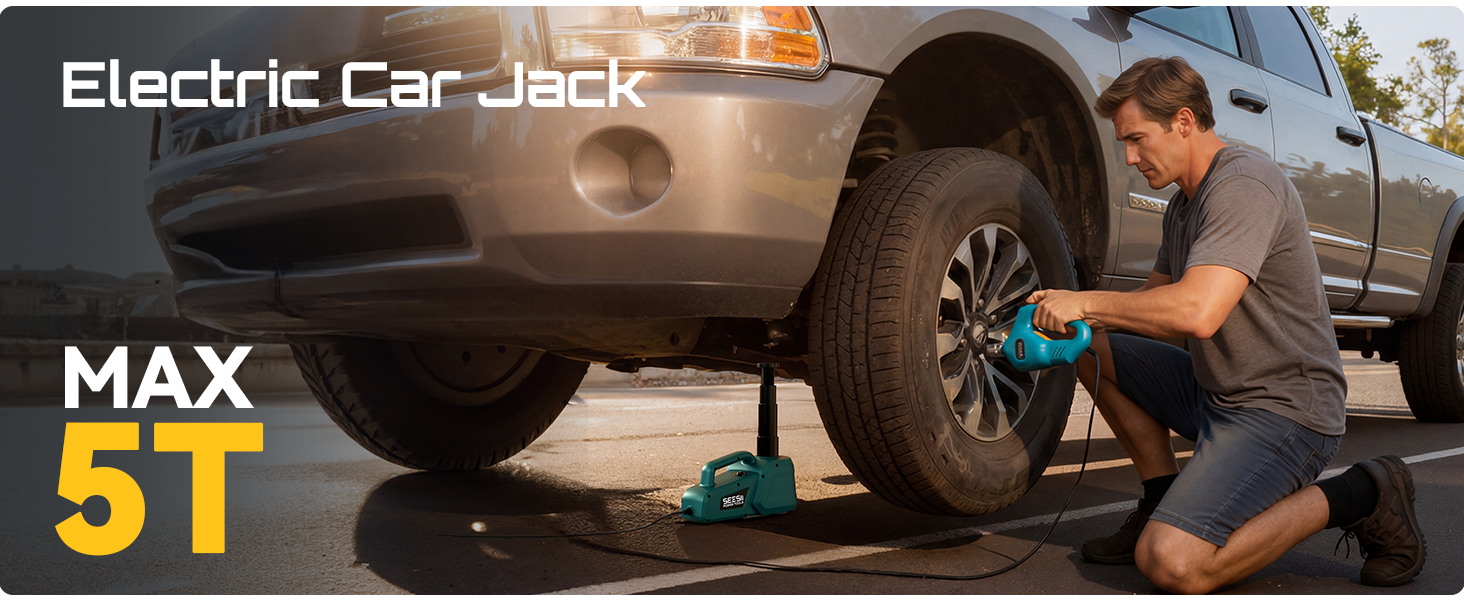 Text reads 'Electric Car Jack' and 'MAX 5T'. Demonstration of automotive jack being used to lift a vehicle.