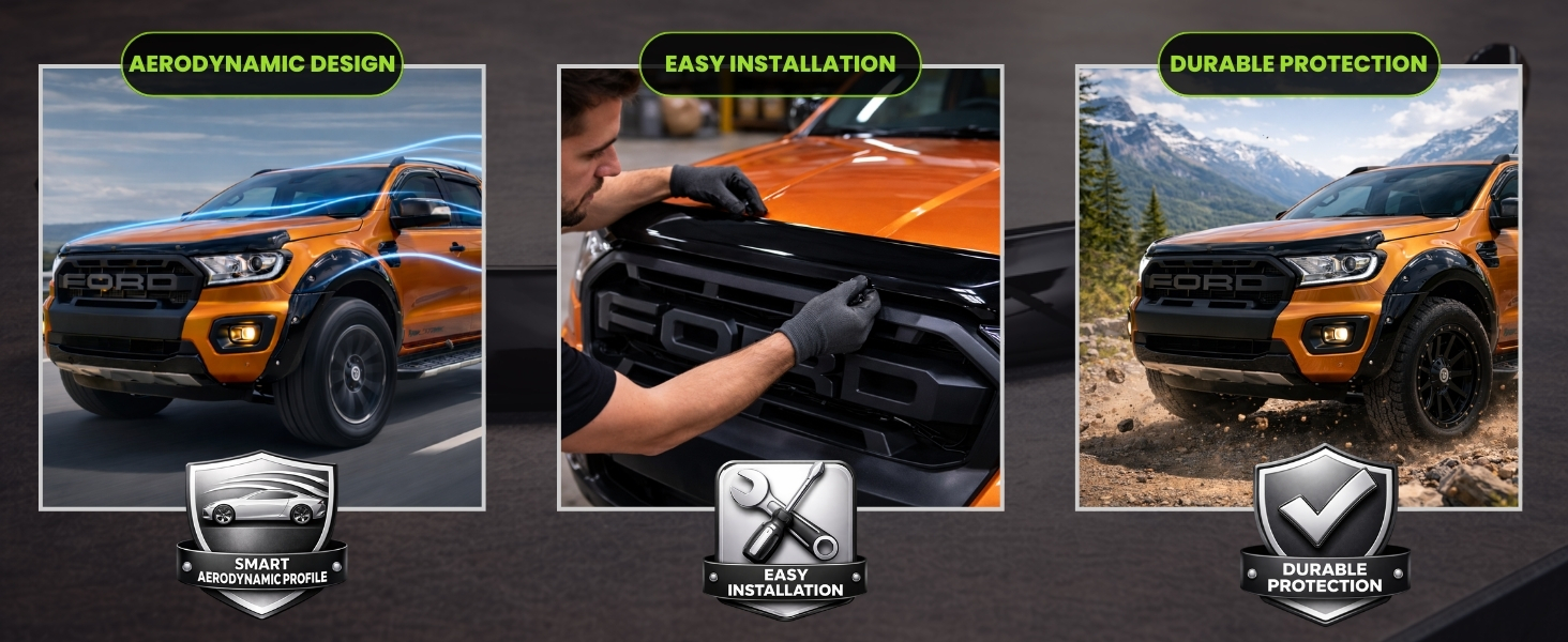 Text reads 'FORD RANGER T7-T8 2015-2022'. Two orange and blue Ford Ranger pickup trucks with black wheel detail shown against dark urban background.