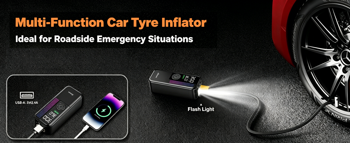 Text reads '300 PSI Portable Air Compressor' with product specifications displayed. Black portable air compressor device shown with digital display screen and multiple control buttons, featuring nighttime automotive usage demonstration.
