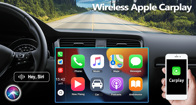 Car dashboard display showing Apple CarPlay interface with multiple app icons. Connected iPhone shown alongside demonstrating wireless functionality.