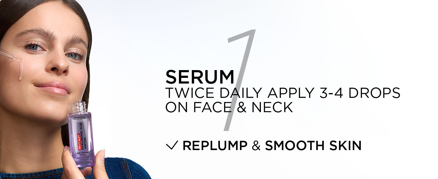 Text reads "SERUM" "TWICE DAILY APPLY 3-4 DROPS ON FACE & NECK" with checkmark "REPLUMP & SMOOTH SKIN". Woman's face shown in profile with serum product bottle positioned near neck and face area demonstrating application.