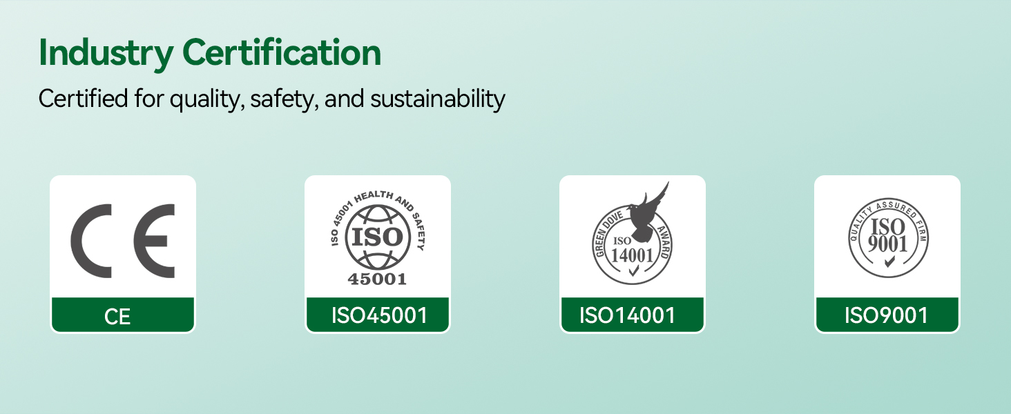 Text reads: 'Industry Certification - Certified for quality, safety, and sustainability' with four certification icons: CE mark, ISO 9001, product compliance, and CE marking. Light turquoise background with certification badges.