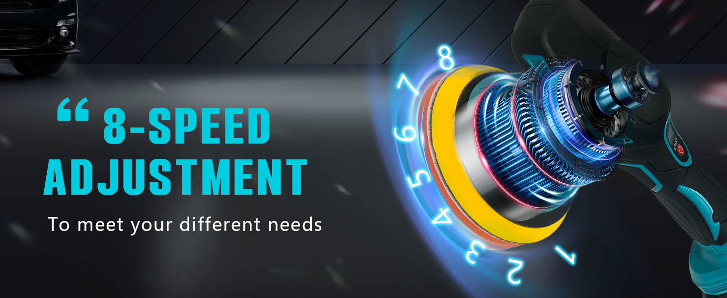 Text reads '8-SPEED ADJUSTMENT.' Blue illuminated gear selector display with numbers 1-8 showing speed adjustment settings.