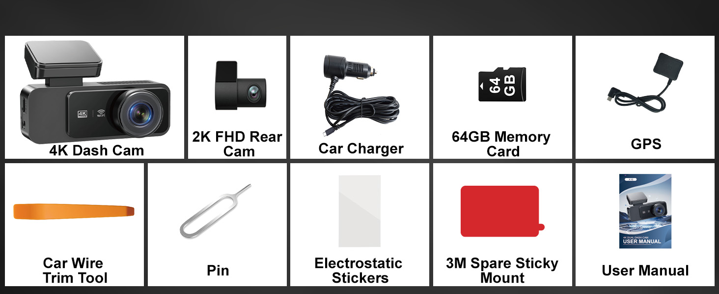 Product accessories diagram showing: '5K Dash Cam', '3M Spare Sticky Mount', 'Car Charger', '64GB Memory Card', 'GPS', 'Pin', 'Electrostatic Stickers', 'User Manual'.