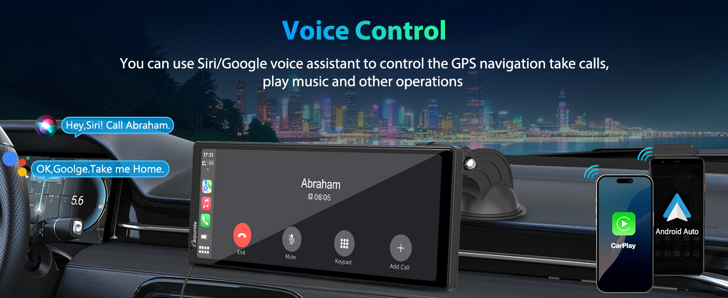 Car dashboard with large touchscreen display showing navigation interface. Smartphone mounted nearby. Text overlay explains voice control features for GPS, calls, and music.