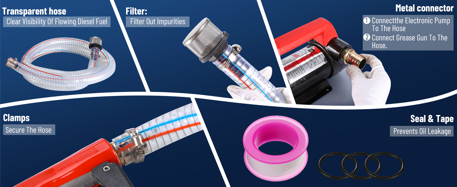 Collection of plumbing components including transparent hose, filter, clamps, pink tape, and connector parts shown on blue background with labels.