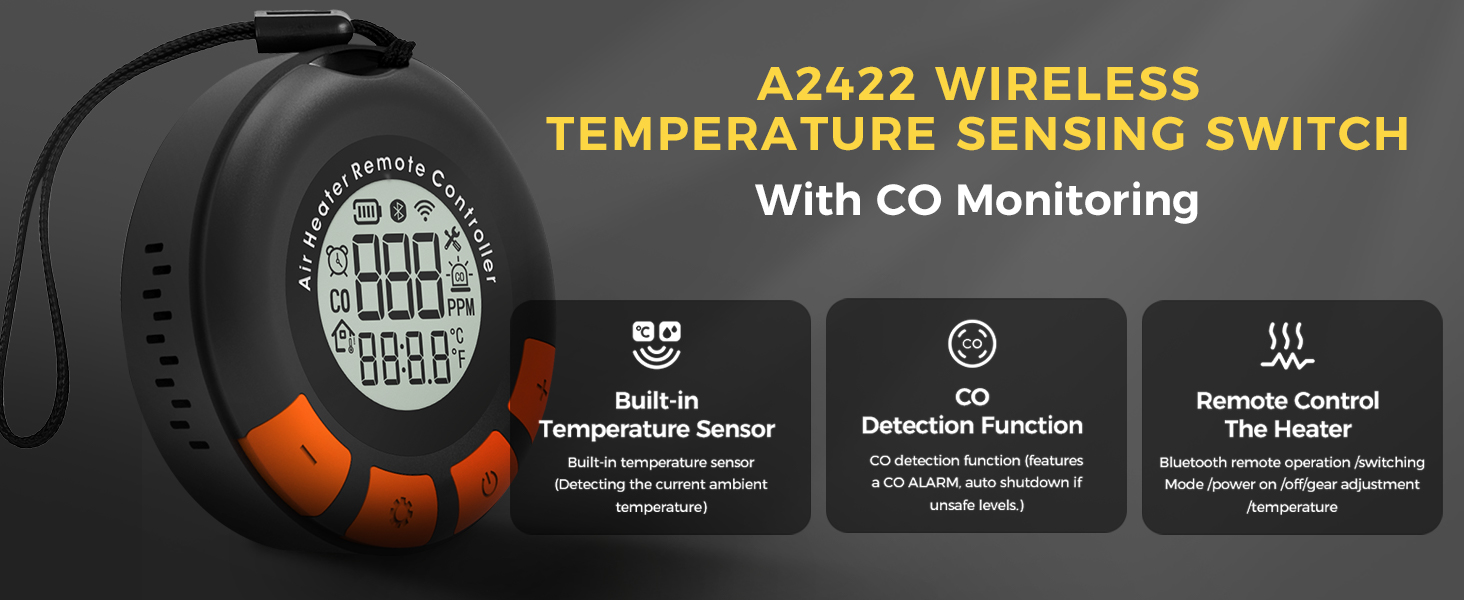 Text reads 'A2422 WIRELESS TEMPERATURE SENSING SWITCH With CO Monitoring'. Product interface showing temperature sensor and detection function indicators.
