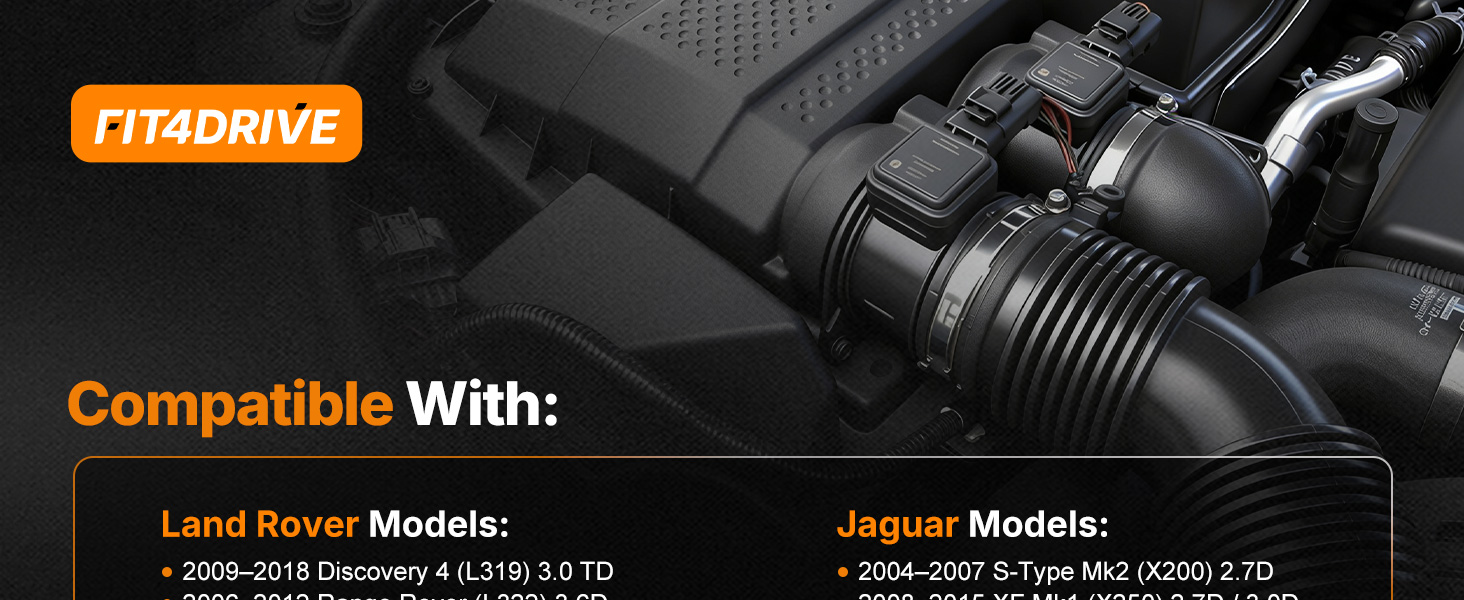 Text reads 'Compatible With:' followed by 'Land Rover Models:' and 'Jaguar Models:'. Technical product compatibility chart showing automotive specifications against dark background.
