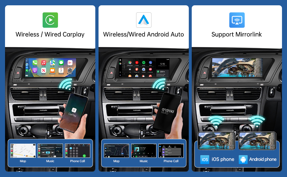 Infographic showing car infotainment system switch. Left panel displays CarPlay-style icons, right panel shows OEM system interface. Blue arrows indicate transition between systems using 'OEM' button.