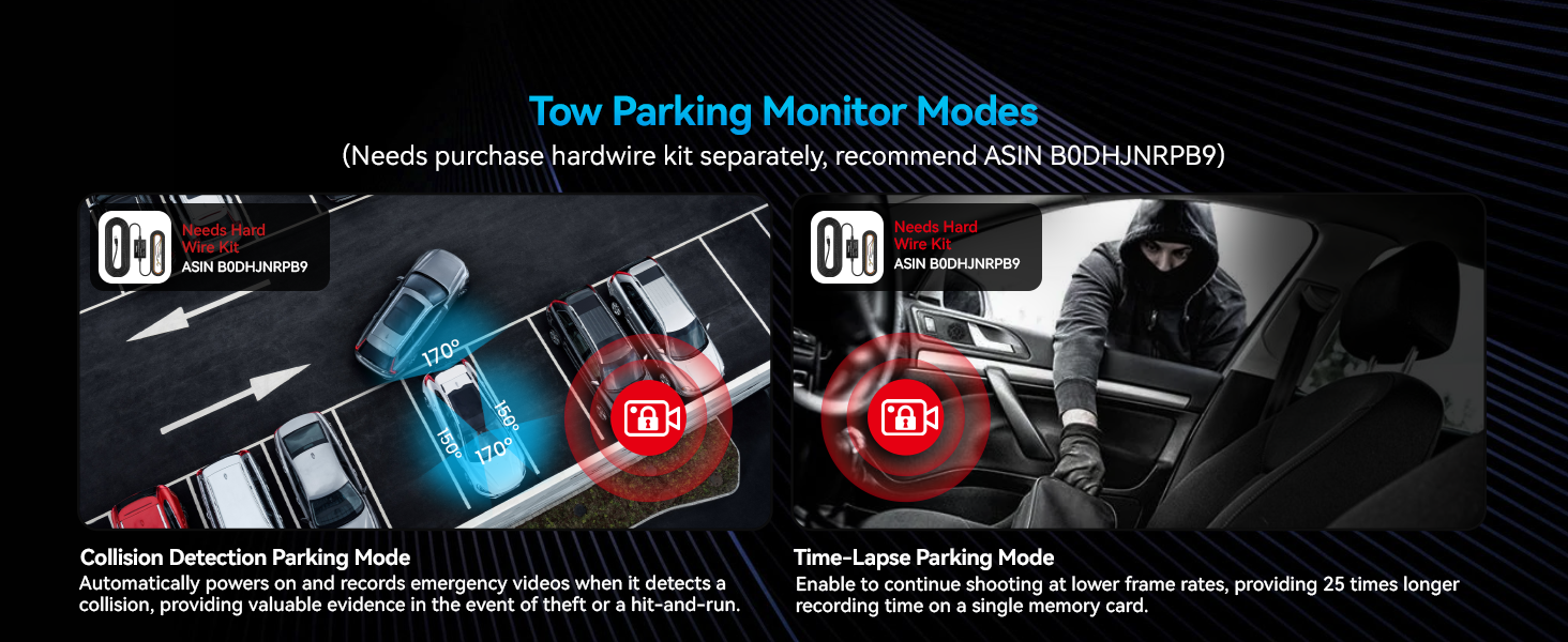 Split image showcasing two parking monitor modes: Collision Detection and Time-Lapse. Illustrates vehicle protection and surveillance features for parked cars using graphic icons and text explanations.