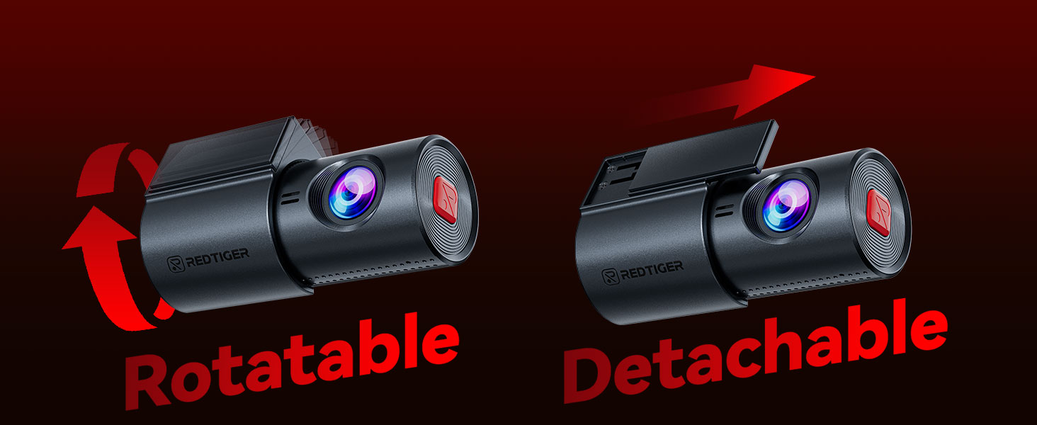 Text reads 'Rotatable' and 'Detachable'. Multiple views of a black electronic device with camera lenses showing different mounting positions and rotation capabilities.