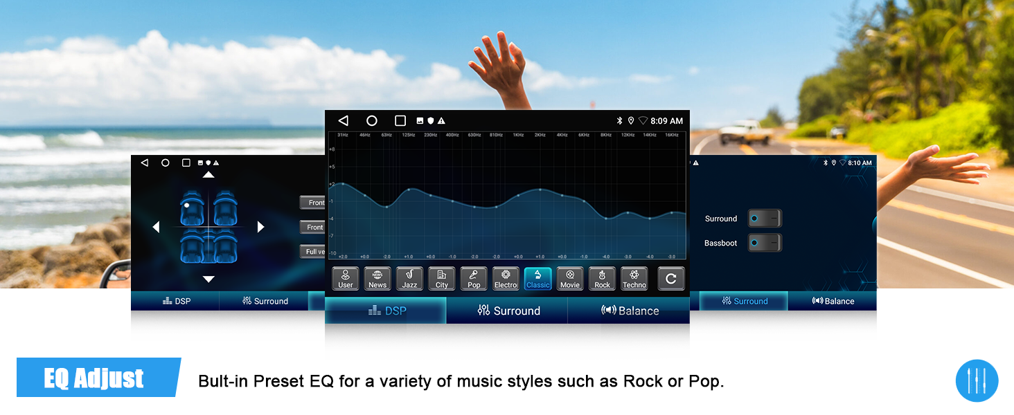 Software interface screenshot showing multiple blue-toned panels and timeline controls, overlaid on a beach scene background.