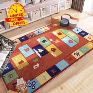 Hopscotch Planet Pattern Flannel Area Rug – Soft Educational Floor Mat for Playroom & Nursery