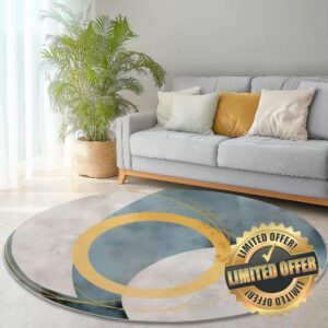 Round Rugs 150 cm (Round) Rug For Living Abstract Circles Retro Room Circle Area With Non Slip Backing Washable Rug For Bedroom Soft Printed Carpet For Kid’S Room Nursery Blue Gold
