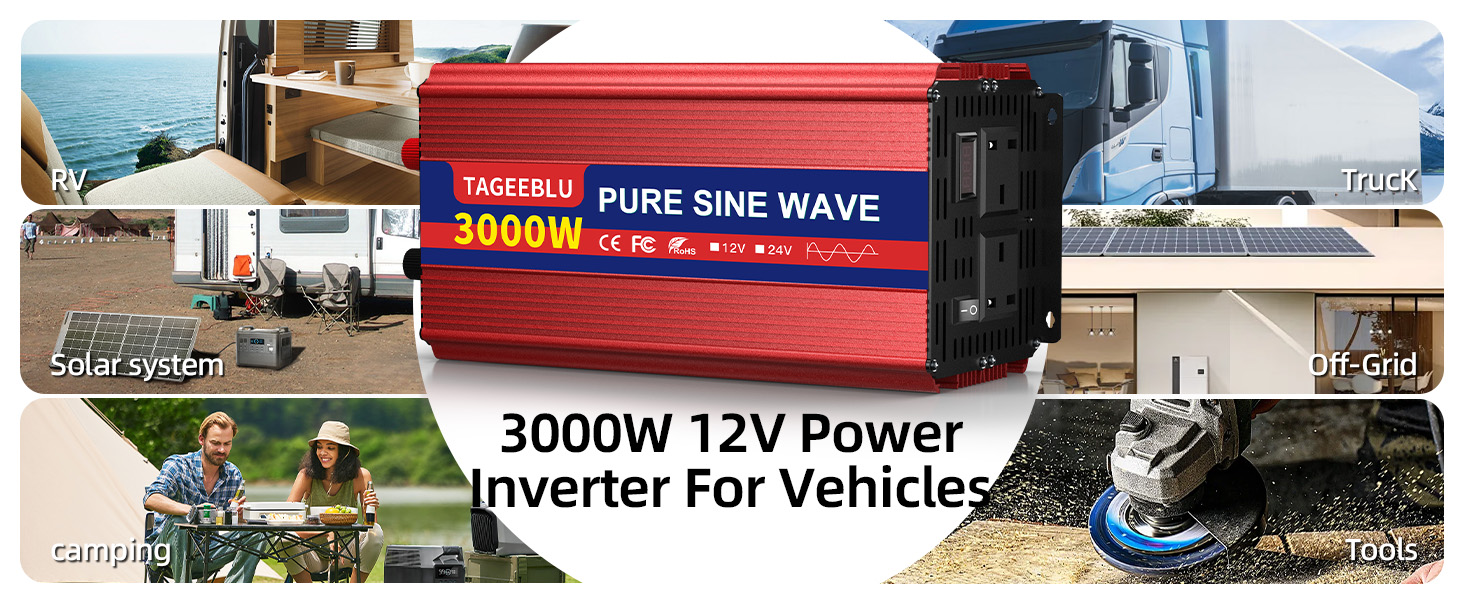 Text reads '3000W PURE SINE WAVE 3000W 12V Power Inverter For Vehicle'. Multiple images showing a red power inverter device in different angles and installation contexts.