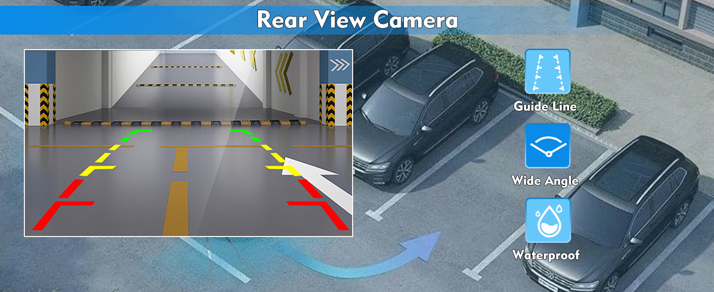 Split-screen view of car backup camera display showing parking guidelines and rear view perspective in underground parking garage.
