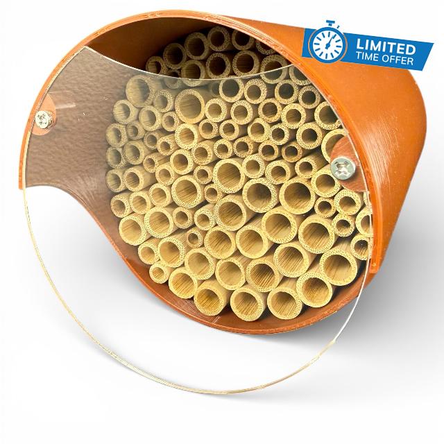 Wild Bee Nesting Aid - Completely Durable & Weatherproof Insect Hotel with Bamboo Nesting Sleeves. High Quality Wild Bee Hotel for Garden Lovers (Brown