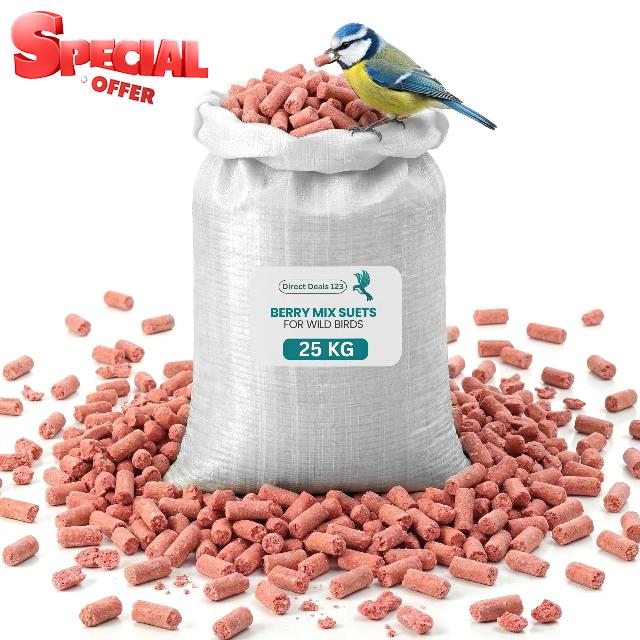 (25 KG) Wild Bird Food Berry Mix Suet Pellets Premium Natural Feed for Robins Sparrows Garden Wildlife High Oil Energy Treat No Mess Suet Balls for Birds Year Round Nutrition Pack