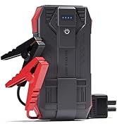 Povasee 5000A portable jump starter with black and gray housing, featuring red and black battery clamps and digital display screen.