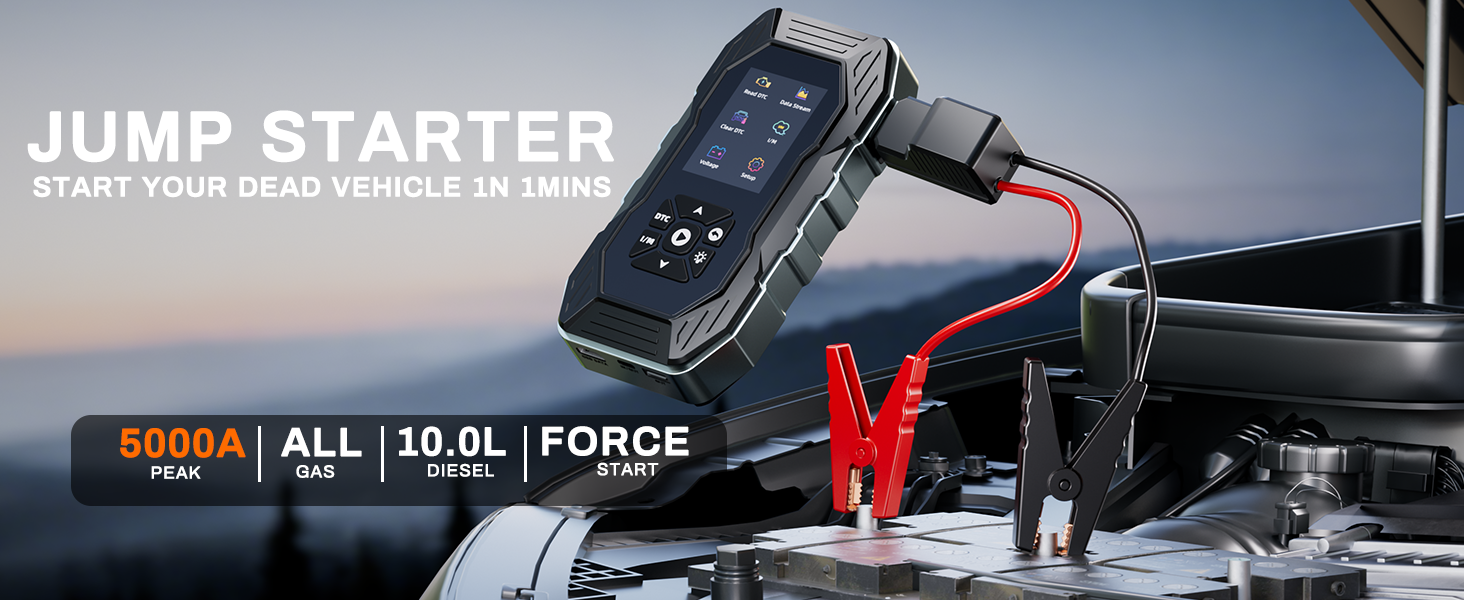 Text reads 'JUMP STARTER' and '600DA ALL 10.0L FORGE'. Car battery jump starter device shown mounted in vehicle, with digital display visible.