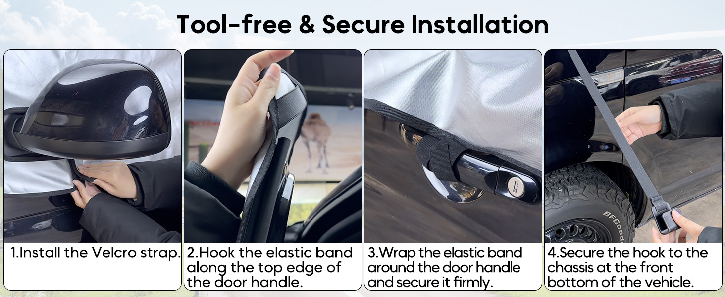Text reads 'Rearview Mirror Opening', 'Hook and Loop Fasteners', 'Elastic Hooks', 'Fixed Straps', 'Elastic Tie Straps', 'Double Stitching'. Six labeled feature diagrams showing attachment components and fastening mechanisms for a product.