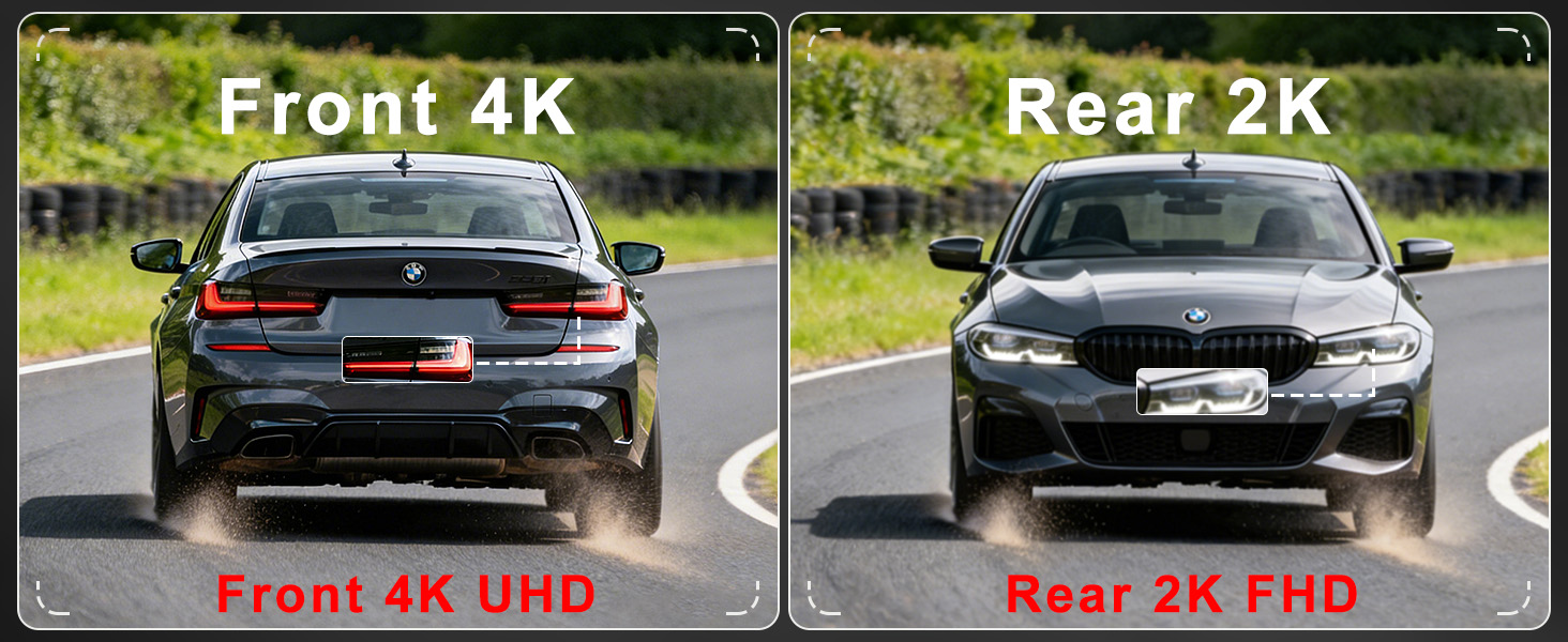 Text reads 'Front 4K UHD' and 'Rear 2K FHD'. Split image showing front and rear camera views of what appears to be a vehicle recording system.