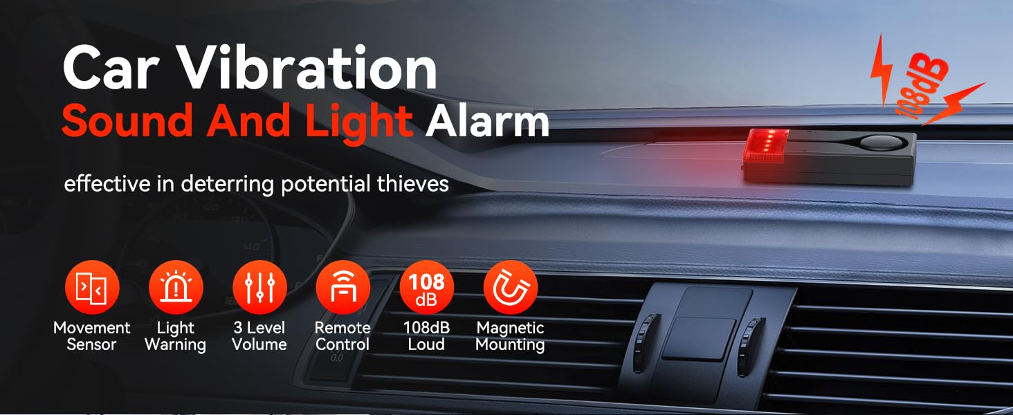 Text reads 'Car Vibration Sound and Break Alarm' with status icons showing various alert conditions in red and white against a dark background.