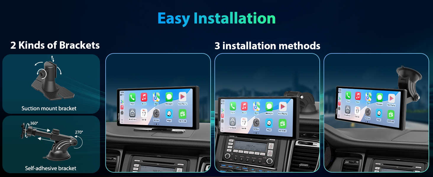 Car dashboard tablet mount with two bracket options: suction-mount and adhesive. Three installation methods shown: on windshield, above infotainment system, and on dashboard.