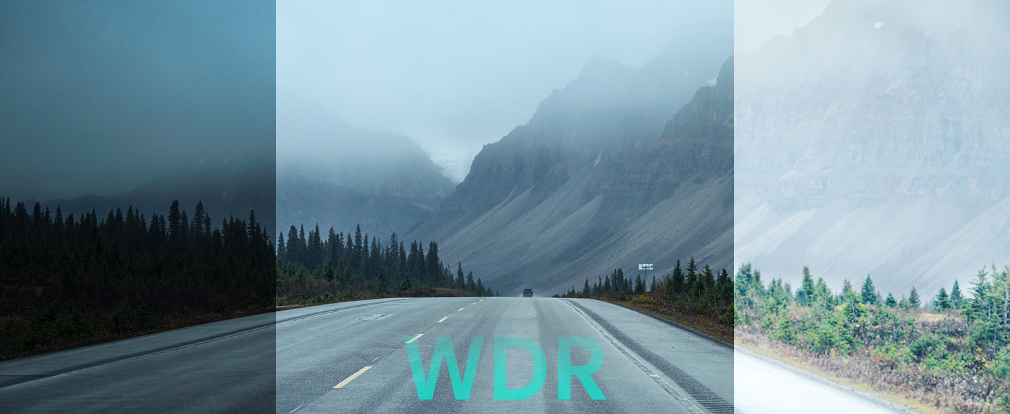 Scenic mountain road with foggy peaks, evergreen forest, and 'WAR' text overlay in teal. Image divided into three vertical panels showing progression of the road.