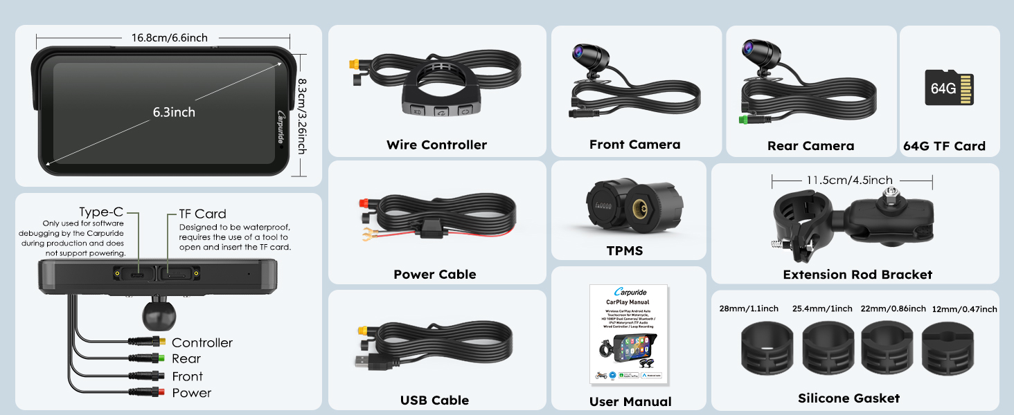 Product layout diagram showing various electronic components and cables including USB cable, front camera, power adapter, and other connection accessories on white background.