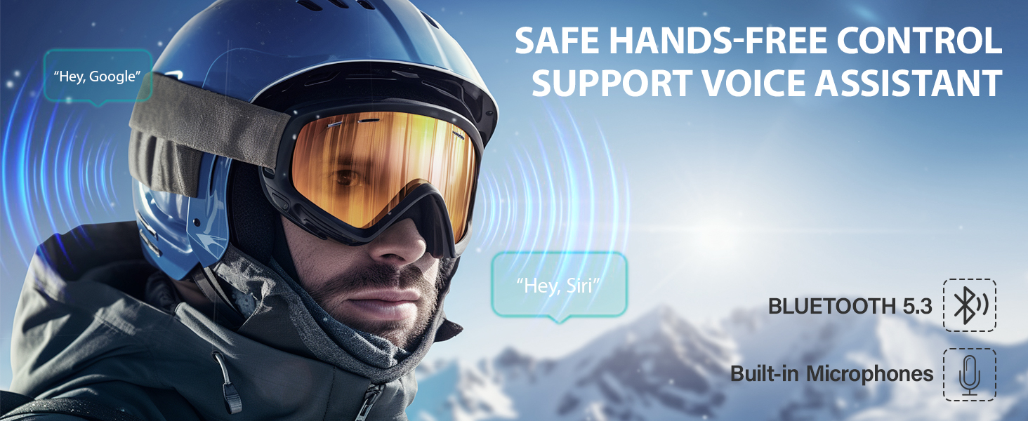 Ski goggles with blue helmet, featuring voice assistant support, Bluetooth 5.3, and built-in microphones for hands-free control.