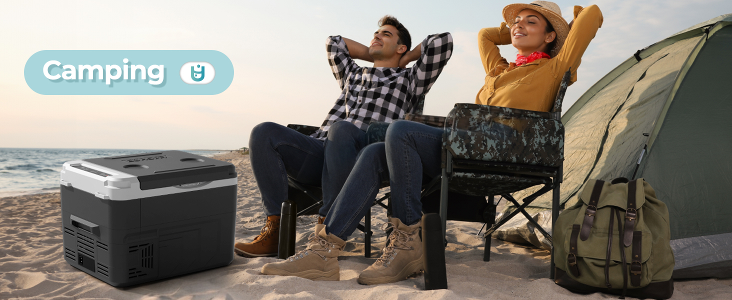 Text reads "Camping" in teal badge. Two adults and child relaxing in camping chairs outside tent with storage container and backpack for outdoor recreational camping activity.