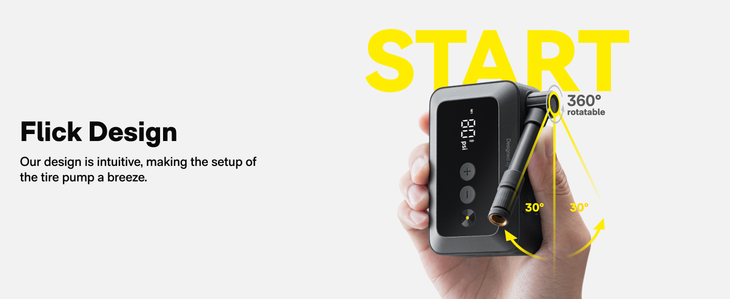 Hand holding small black device with yellow 'START' button. Text mentions 'Flick Design' and '360° rotation'.