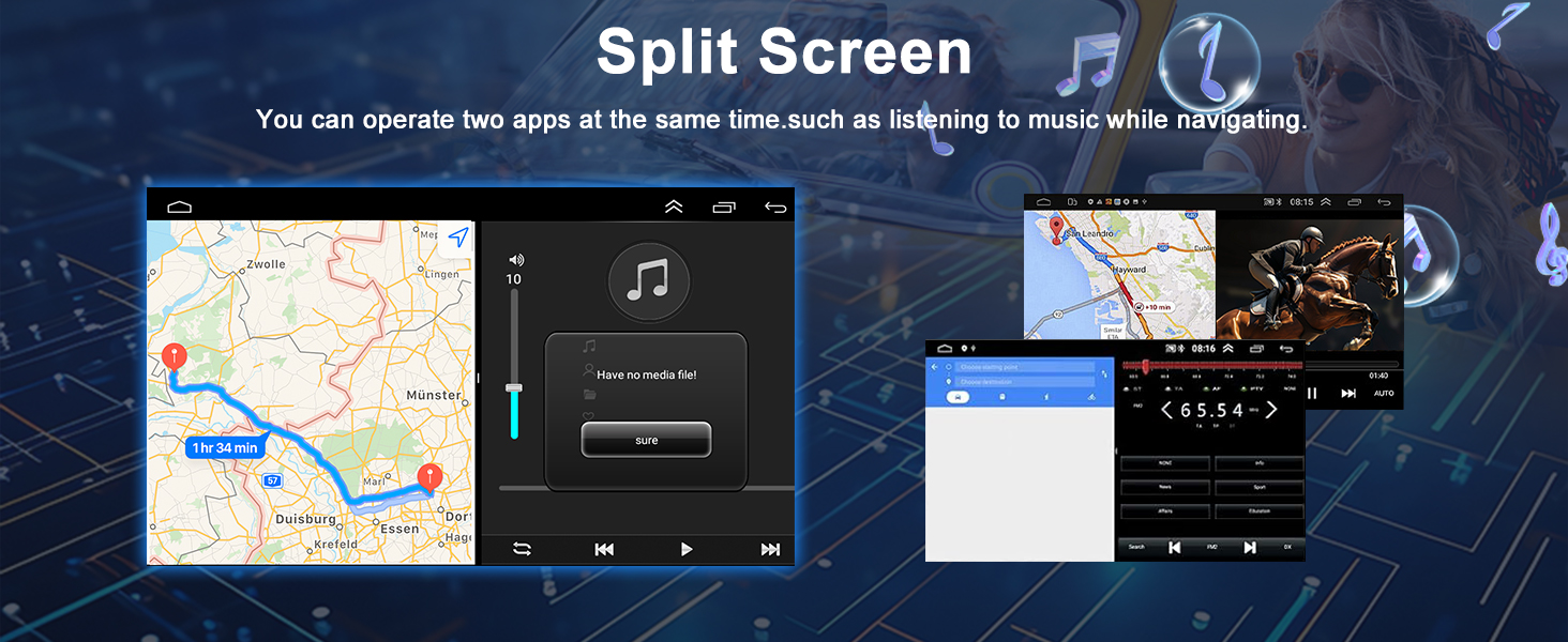 Split screen interface showcasing navigation map and music player. Demonstrates multitasking capability, allowing simultaneous use of navigation and audio playback on a mobile device.
