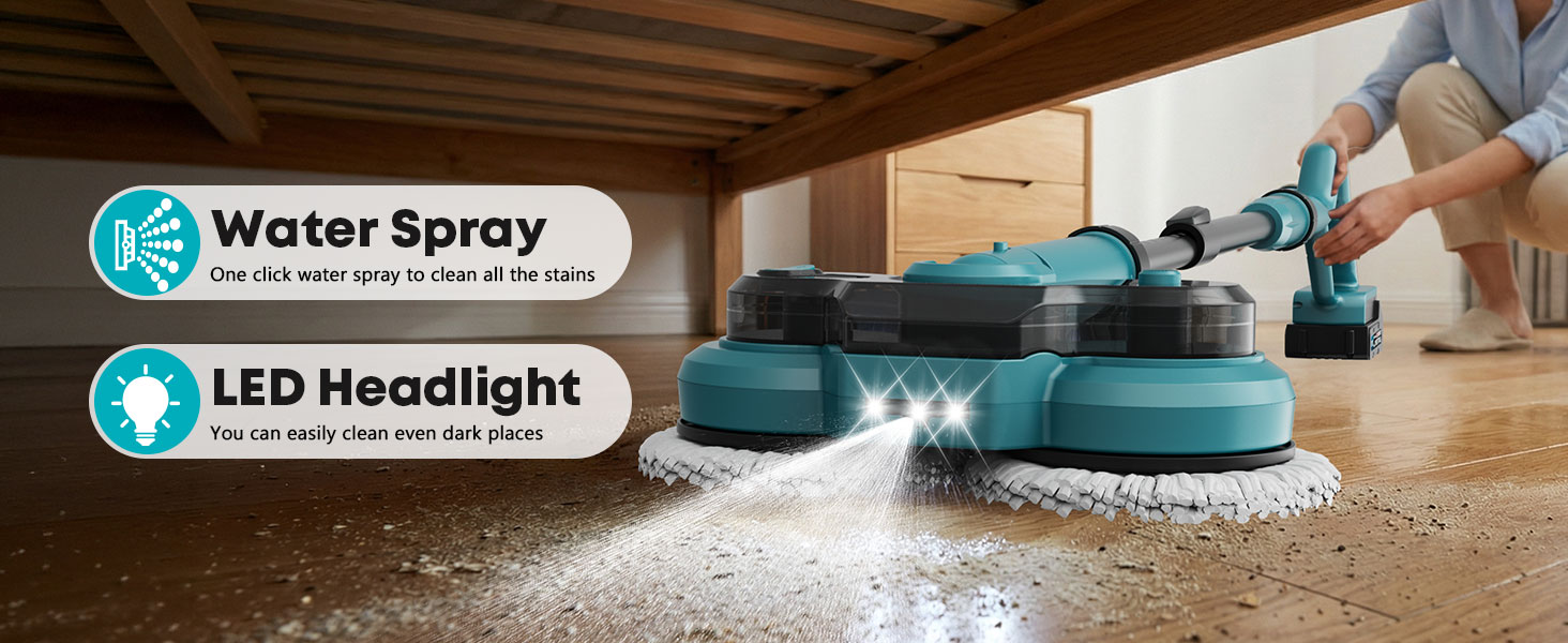 Text reads: 'Water Spray', 'LED Headlight'. Demonstration of floor cleaning device with spray function and LED light feature in action.