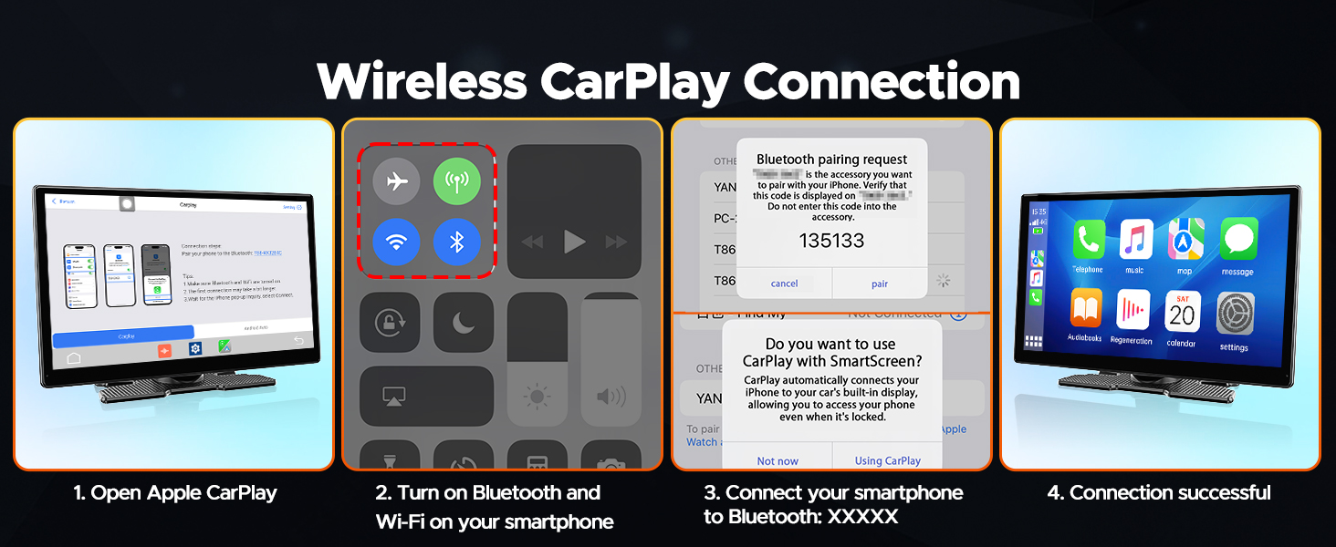 Text reads 'Wireless CarPlay Connection'. Instructional diagram showing four steps for connecting CarPlay, with screen interface examples.
