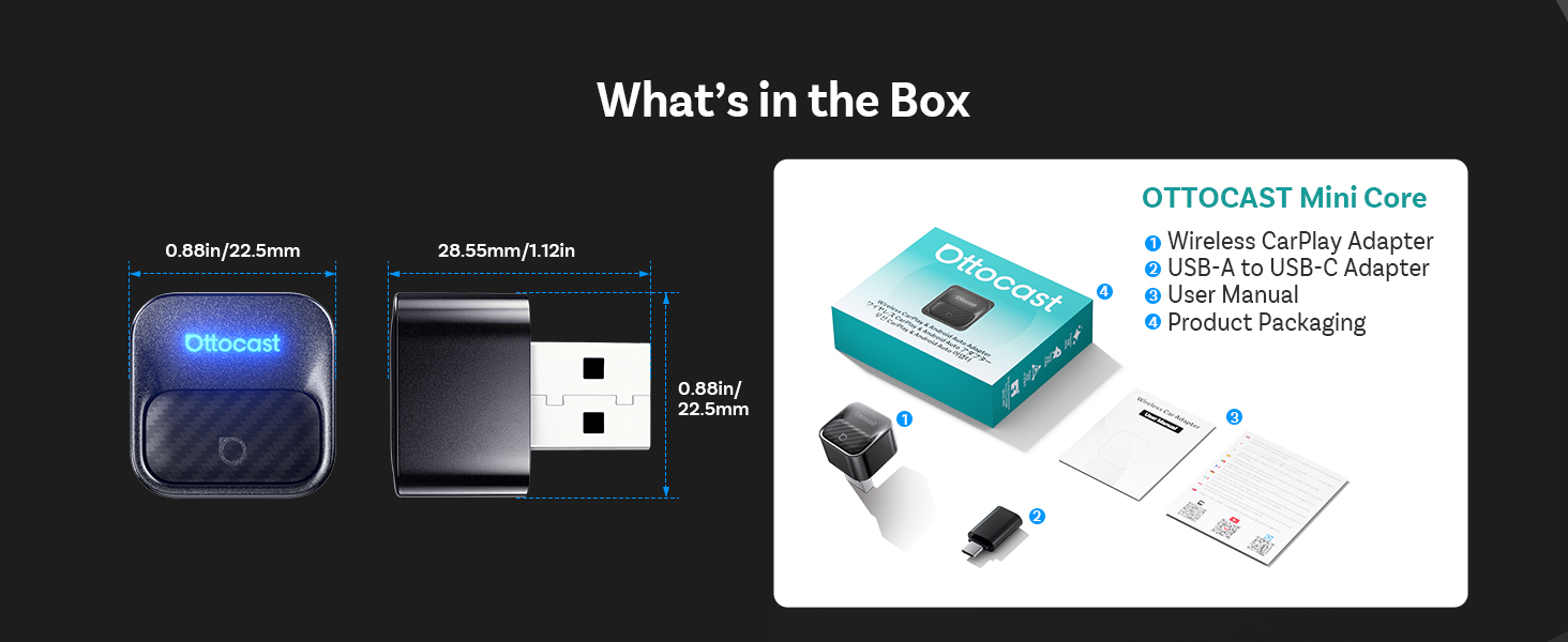 Text reads 'What's in the Box'. Product package contents showing USB connector and device with blue illumination against black background.