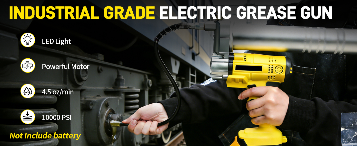 Text reads 'INDUSTRIAL GRADE ELECTRIC GREASE GUN'. Shows professional grease gun being used in automotive maintenance settings.