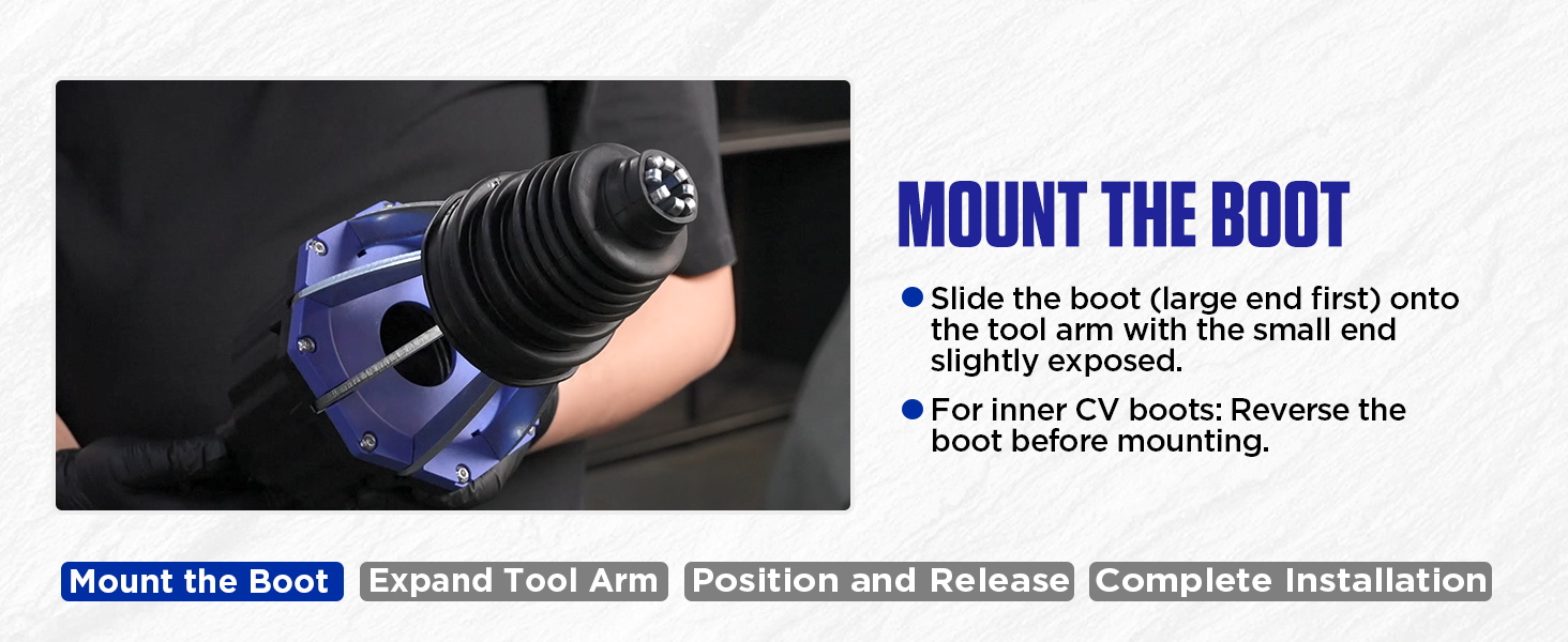 Text reads 'MOUNT THE BOOT'. Instruction diagram showing steps for mounting a boot device with labels: 'Mount the Boot', 'Expand Tool Arm', 'Position and Release', 'Complete Installation'.