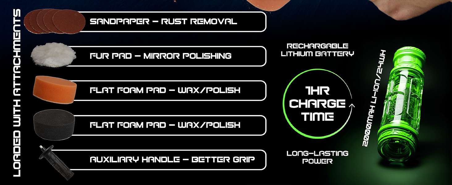 Green handheld power tool with rotating pad attachment. Image shows speed range of 0-2600/0-7800RPM and text 'Suitable for various jobs'. Hand demonstrates use on a surface.