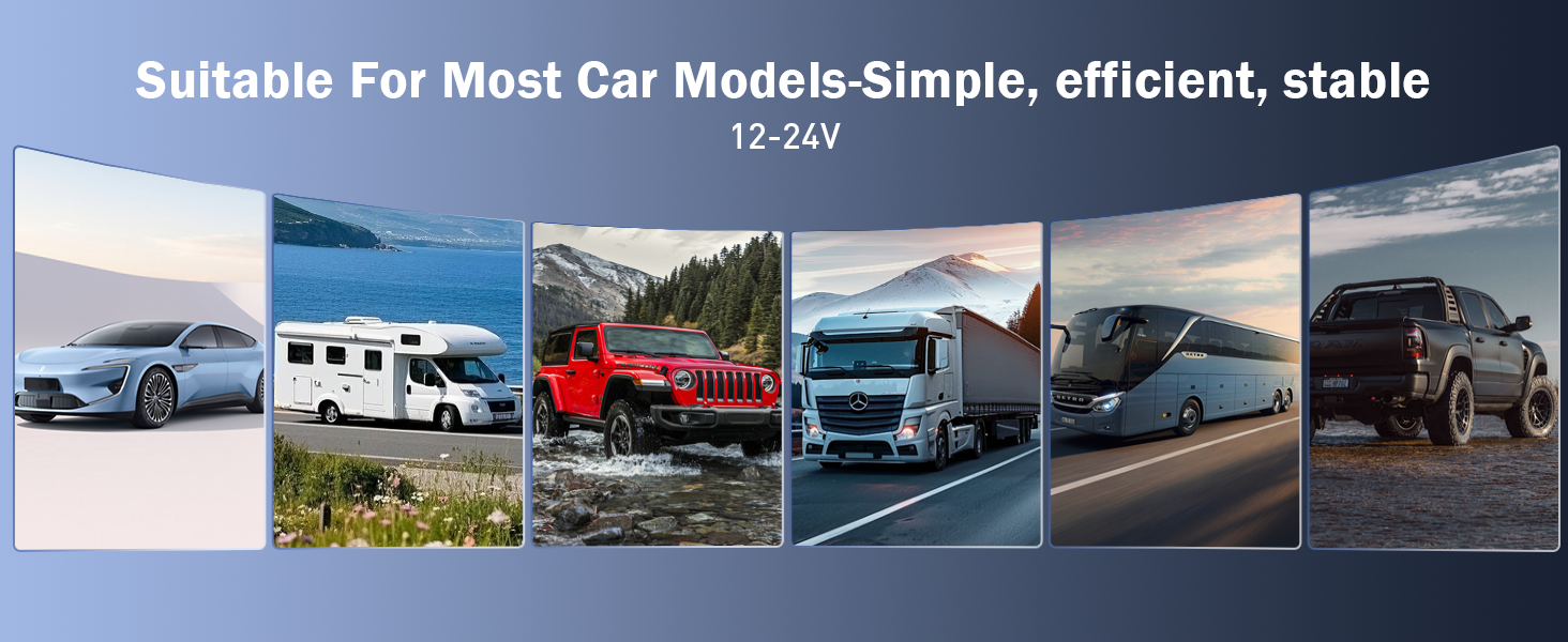 Text reads 'Suitable For Most Car Models-Simple, efficient, stable'. Horizontal banner showing six different vehicles including SUVs and trucks against scenic backgrounds.
