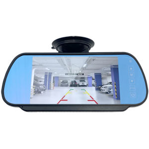 7-inch vehicle display monitor with adjustable stand, showing blue car on screen. Features black plastic housing and mounting bracket.
