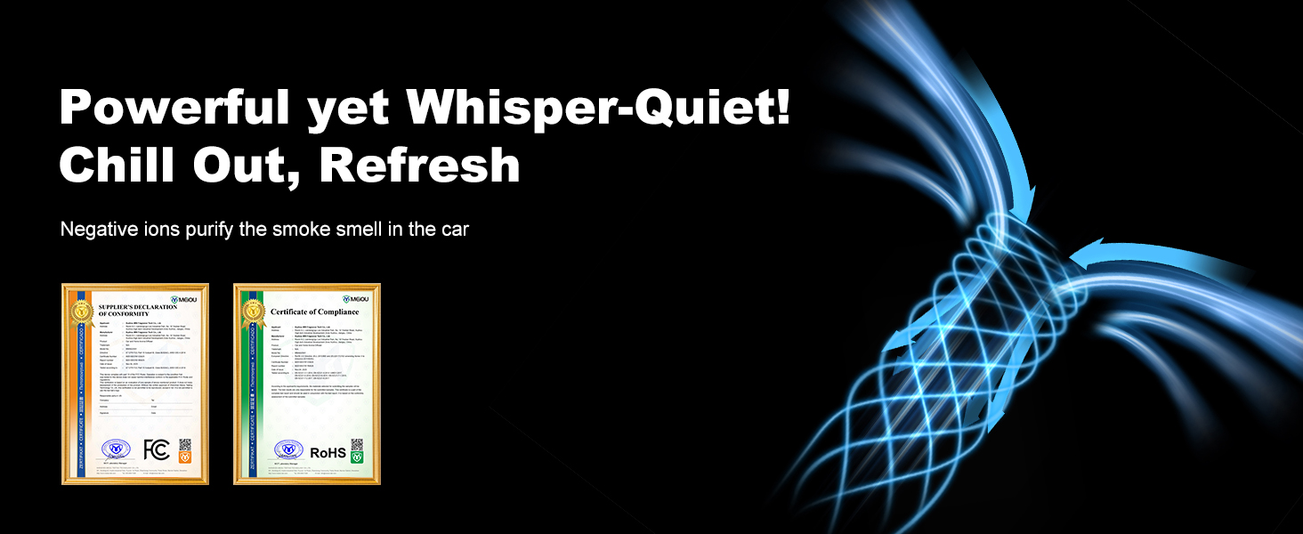 Text reads 'Powerful yet Whisper-Quiet!'. Dark promotional banner with blue glowing geometric elements and white text.