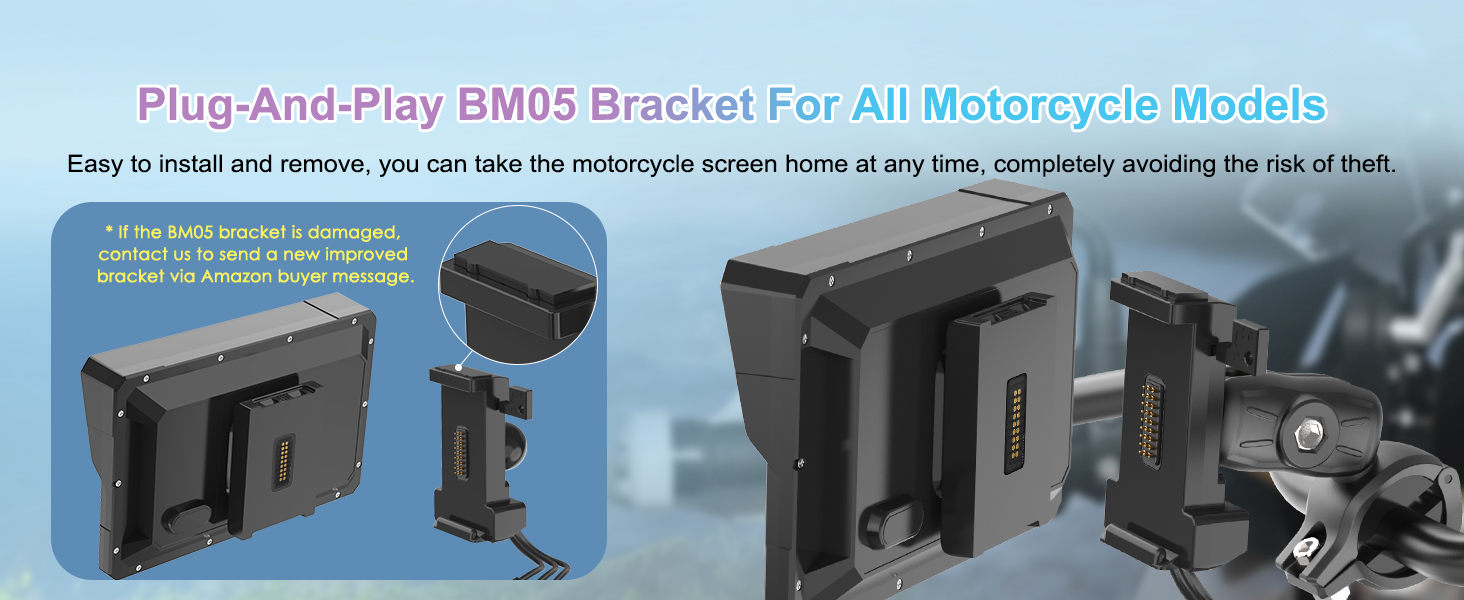 Text reads 'Plug And Play BM02 Bracket For All Motorcycle Models'. Multiple views of a black motorcycle phone mount bracket with installation demonstrations.