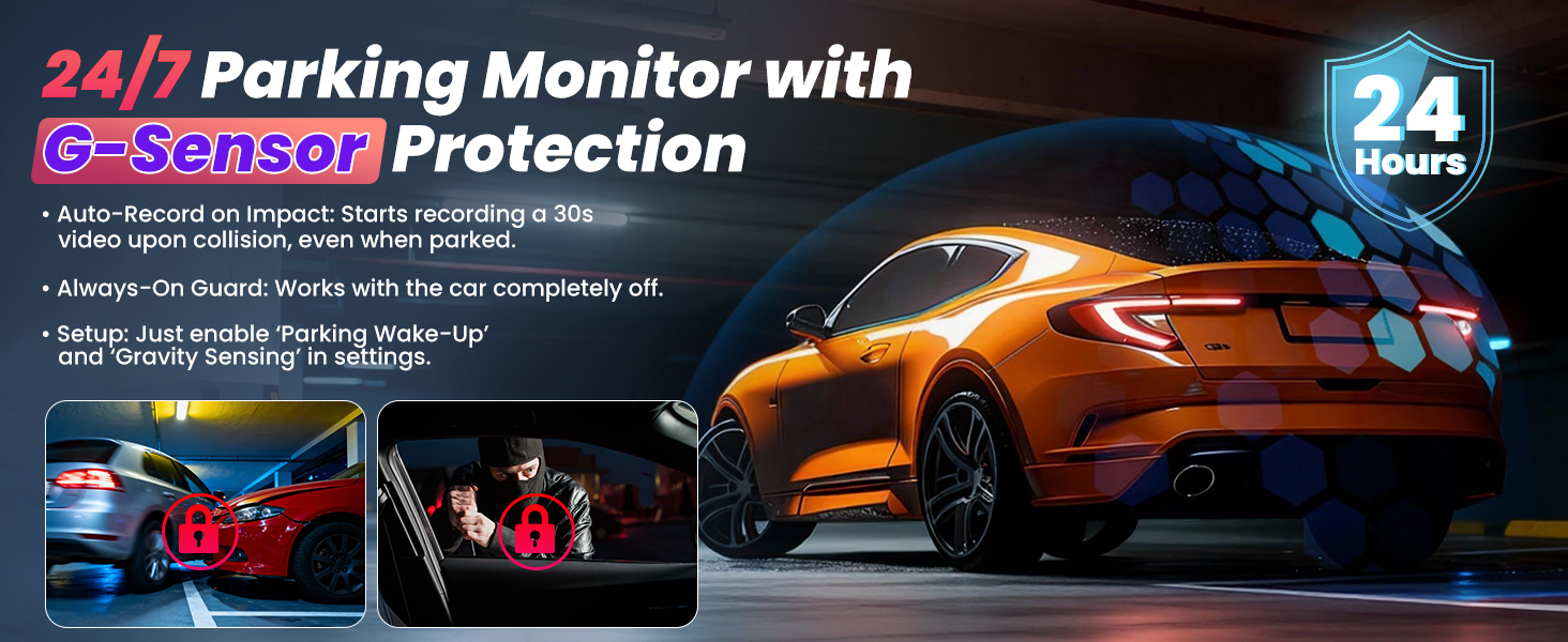 Text reads: '24/7 Parking Monitor with G-Sensor Protection'. Advertisement showing orange and red cars with '24 Hours' icon. Product demonstration in dark parking scenario.